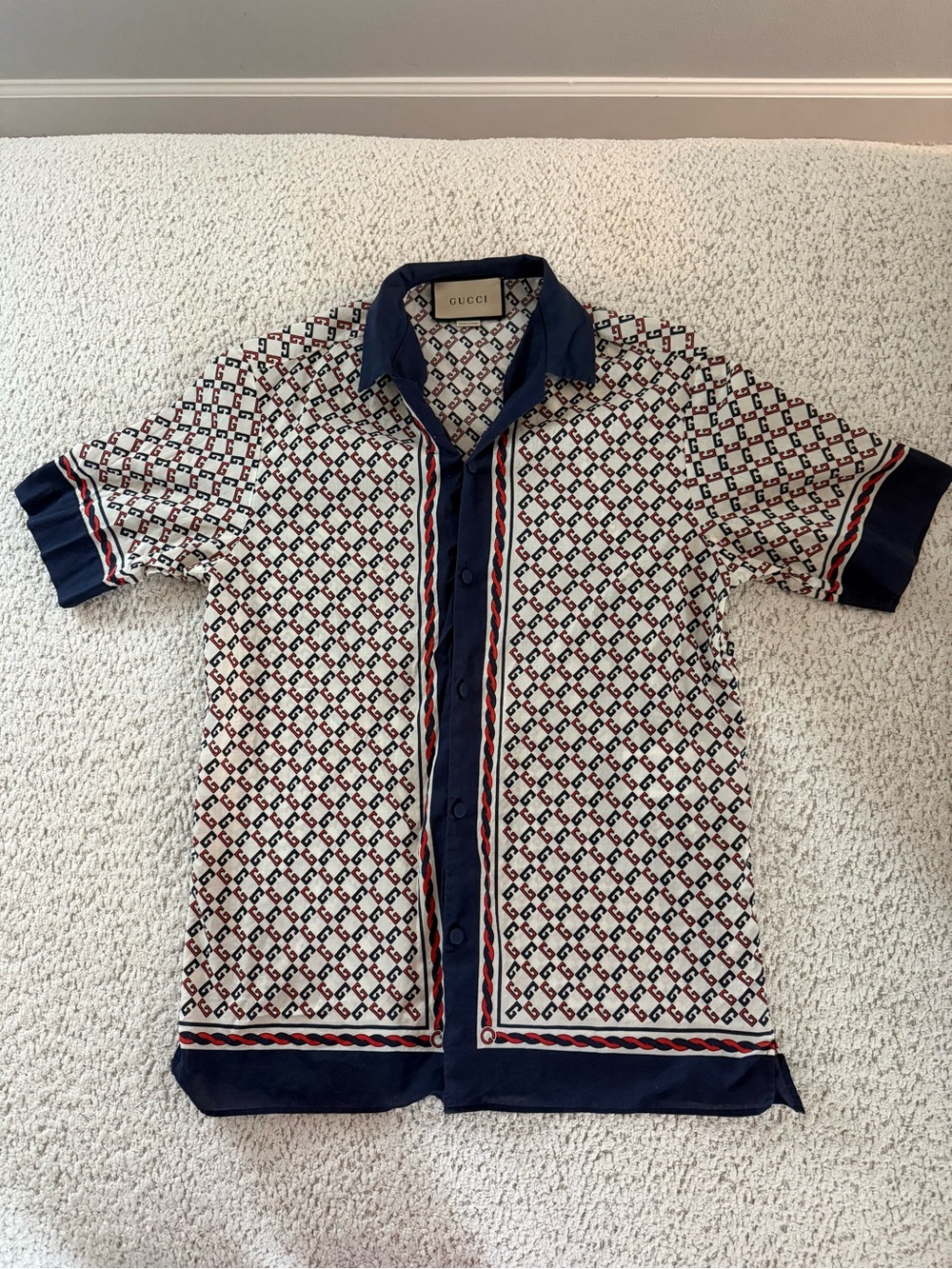 Gucci Geometric G Print Muslin Bowling Shirt Size 46/Small